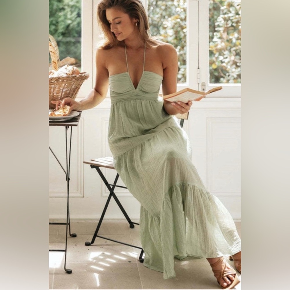 Sage Green Halter Maxi Textured Pleated Dress - L